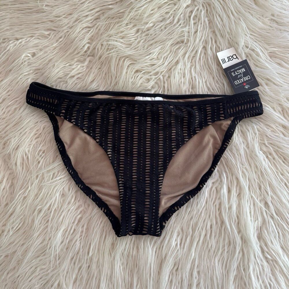 BAR III Black Stretch Lined Full Coverage Crochet Hipster Bikini Bottom Medium